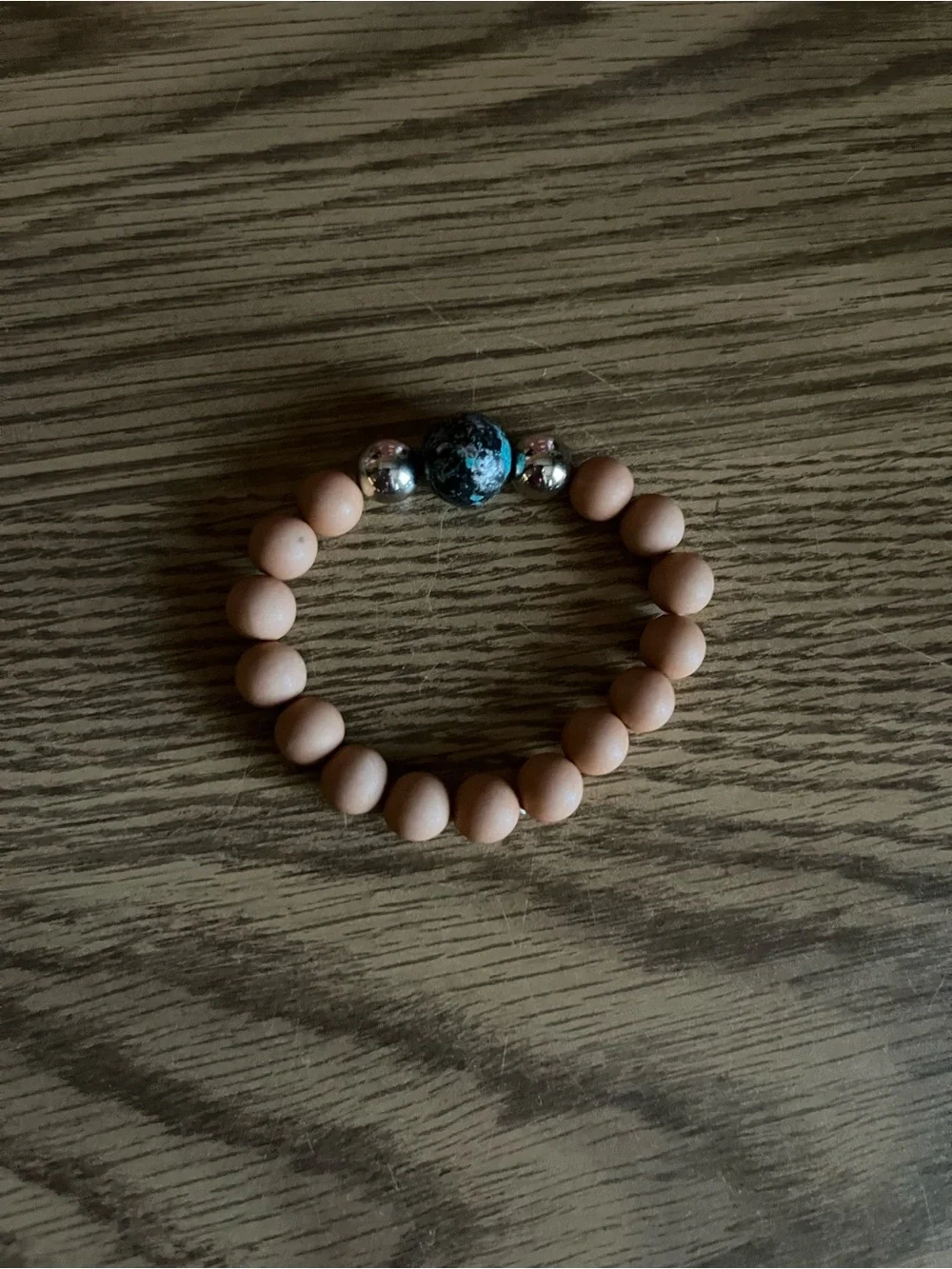 Tan Tribal Bracelet with Silver and Blue Marble Accent Beads